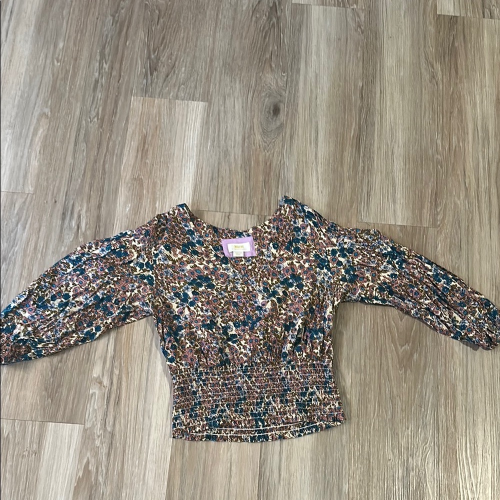 Maeve Brown and Orange Smocked 3/4 Sleeve Blouse